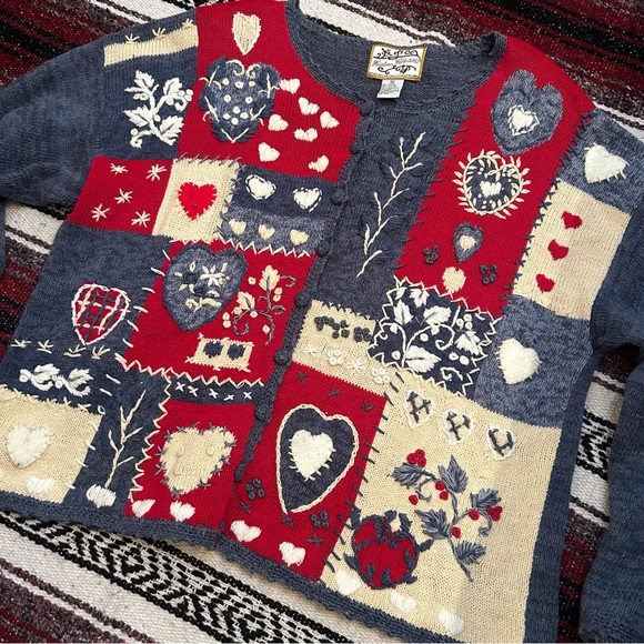 Cutest heart& floral  knit button down sweater cardigan XL Heirloom Collectables - Picture 2 of 8